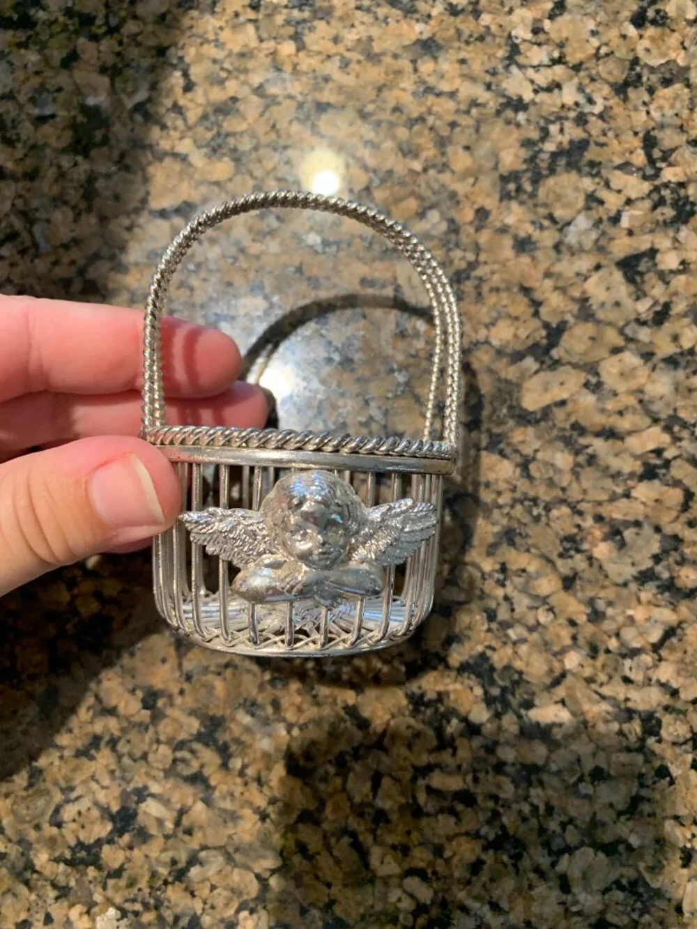 Vintage Department 56 Silver Plated Miniature Wire Basket Angel Cherub Trinket